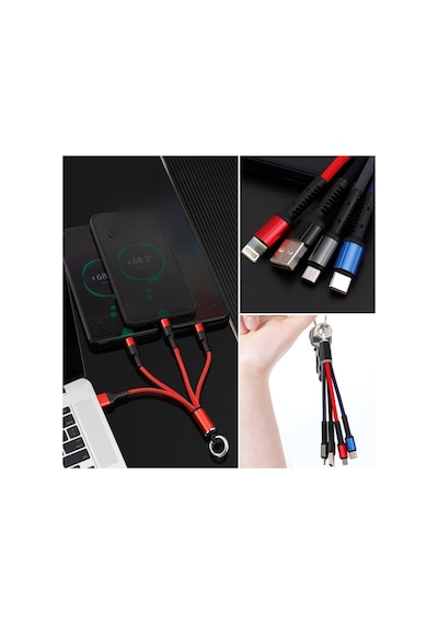 Dgc Avm Işıklı Anahtarlık Model 3 İn 1 Usb Çıkışlı Mikro,type-c Ve İphone Uyumlu Şarj Kablosu Siyah
