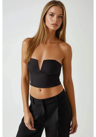 Hiccup Arkası Gipeli Straplez Crop Top Siyah