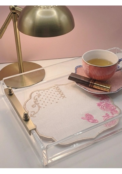 2 Adet Pip Royal Uyumlu Pembe Beyaz Nakışlı Lüks Keten Sunum Peçetesi 15x15cm Çok Renkli