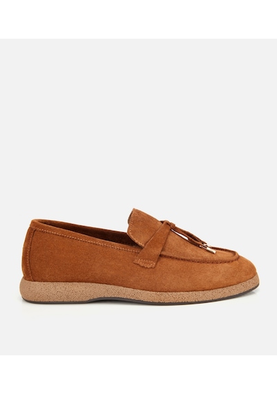 Hotiç Kadın Süet Deri Taba Gold Aksesuarlı Klasik Loafer