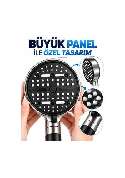 Modern Tasarımlı 6 Modlu Filtreli Duş Başlığı Büyük Panel Metalik Siyah Duş Aparatı Diğer