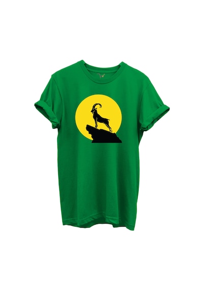 Dağ Keçisi Siluet Baskılı %100 Pamuk Regular Fit Bisiklet Yaka Unisex T-shirt Yeşil