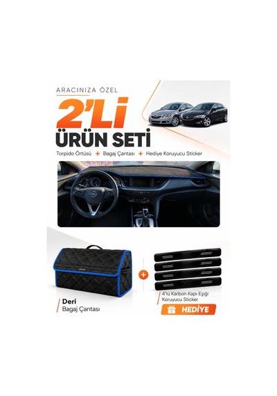 Opel İnsignia 2017-2026 Uyumlu Torpido Örtüsü + Deri Bagaj Çantası + Sticker Seti - Siyah Mavi