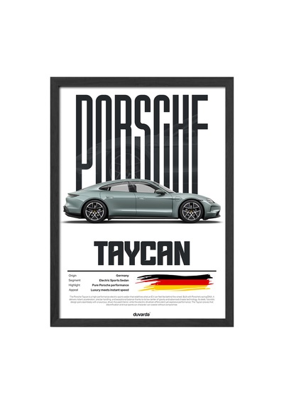 Porsche Taycan Araba Siyah Ahşap Çerçeveli Poster, Dekoratif Duvar Tablosu