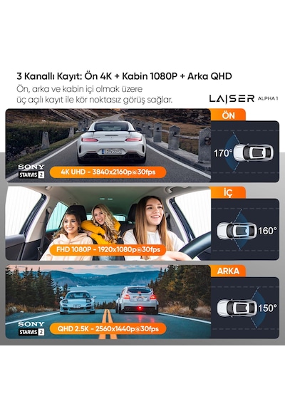 Laiser Alpha 1 4k Araç İçi Kamera 3 Kanallı Sony Imx678 Gps + Wi-fi + Park Modu Ön-iç-arka