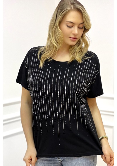 Rich Glam Bol Kesim Bisiklet Yaka Büyük Beden Crystal Taşlı Kadın T-shirt Siyah