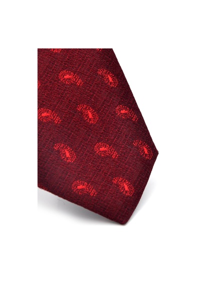 Gaffy Kırmızı Şal Desenli Bordo Dokuma Kumaş Mendilli Slim Fit Kravat // Sdk-240810 Desenli