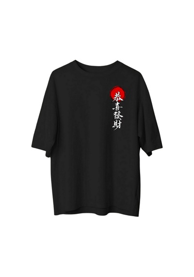 Qmen Style Unisex Siyah Oversize Baskılı T-shirt Japon %100 Pamuk