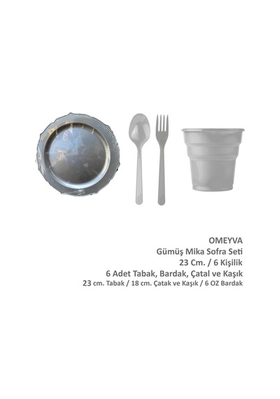 Omeyva 23 Cm. Plastik Mika Gümüş Sorfa Piknik Seti - 6 Kişilik Tabak Bardak Çatal Kaşık Takımı Gri