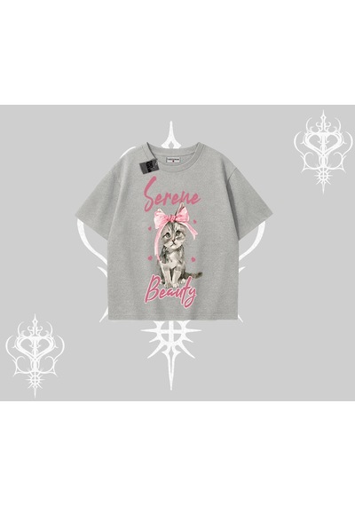 Tarzsokak Serene Beauty Kedi Baskılı Oversize Tshirt Gri