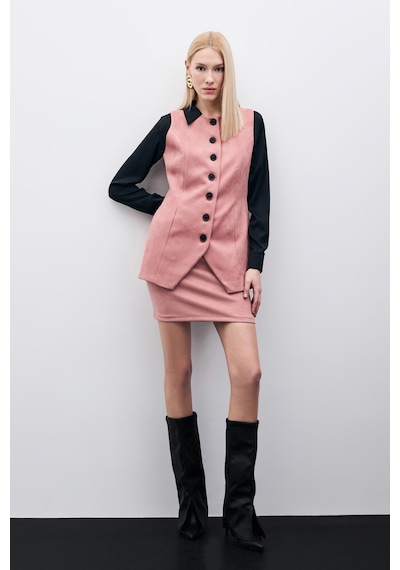 Sateen Düğmeli Uzun Süet Yelek - Pudra-135509 Pudra