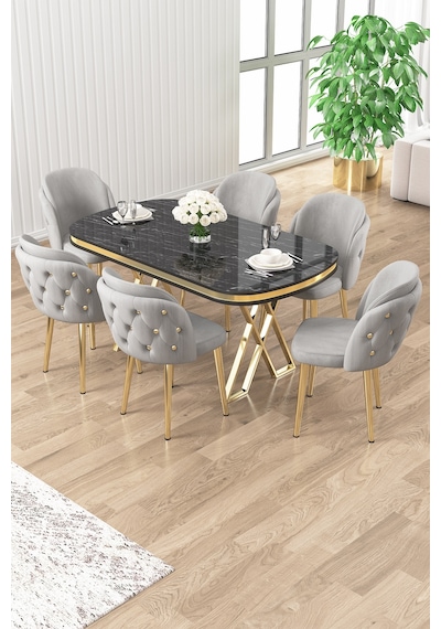 Canisa Zae Serisi 90x168 Lak Panel Siyah Mermer Desen Gold Ayak Masa Takımı 6 Gri Sandalye Masa Siyah Mermer Desen Sandalye Gri
