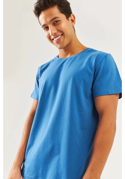 Erkek Oversize Rahat %100 Pamuklu Penye Bisiklet Yaka Kısa Kol Basic T-shirt Classic Collection Mavi