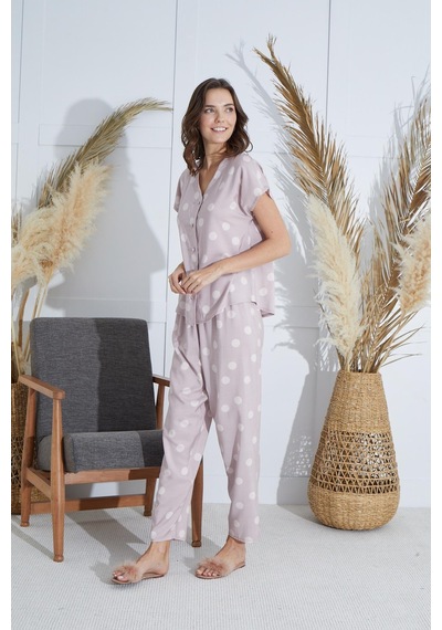 Sevim Kadın Kısa Kol Önden Düğmeli Pudra Pijama Takım C1t2n951 001