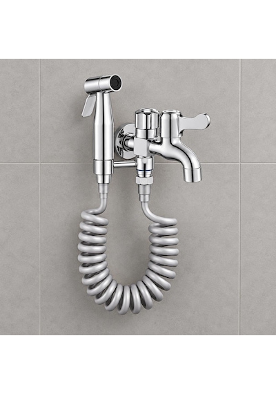 Valkyrie Çift Çıkışlı Taharet Musluğu Seti Spiral Hortumlu El Duşlu Krom Paslanmaz Çelik Gümüş