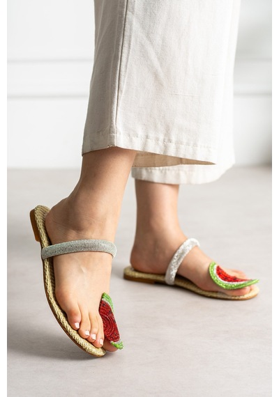 Dabab Shoes Melony Kadın Hasır Taban Taşlı Karpuz Detaylı Yazlık Düz Taban Terlik Çok Renkli