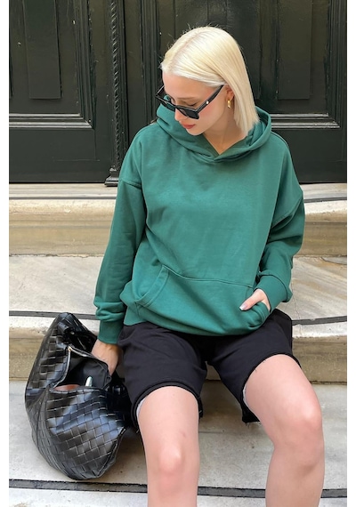 Koyu Yeşil Kapüşonlu Oversize Cepli Sweatshirt Mg2207