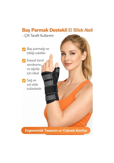 Parmak Destekli Ayarlanabilir El Bilek Ateli Çift Taraflı Günlük Rahat Kullanım Siyah