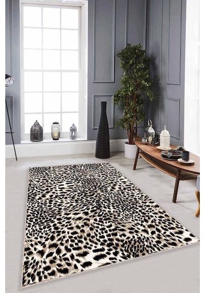 Bej Leopar Kaymaz Tabanlı Makinede Yıkanabilir Halı Rv367n11