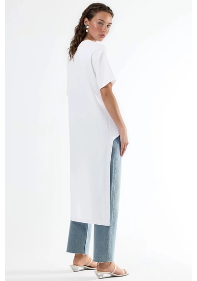 Hiccup Busem Yırtmaçlı Oversize Bisiklet Yaka Tunik Beyaz