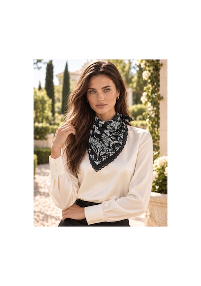 Tarzını Seç Siyah Gece Bahçesi Desenli Dantel Oya Kesim Fular / Bandana 70 X 70 Cm
