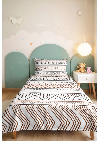 Kahverengi Geometrik Bohem Tek Kişilik Dekoratif Pike Takımı - Beyaz Etnik 160x220 Cm Yatak Örtüsü Kumlu Misk İzi