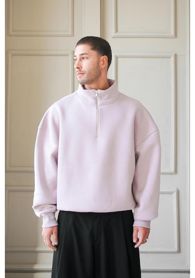 Mürdüm Cozy Basic Yarım Fermuar Oversize Sweatshirt Mürdüm