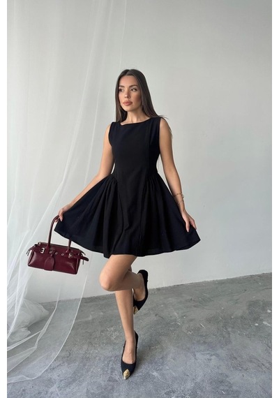 Dogutrend Siyah Mini Boy Büzgülü Keten Elbise
