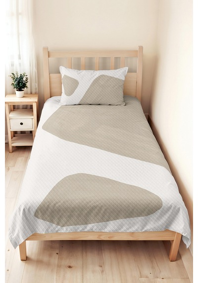 Bej Geometrik Genç Odası Tek Kişilik Pike Takımı - Ekru Minimal 160x220 Cm Kapitone Yatak Örtüsü Bordo