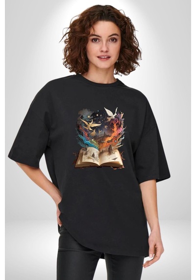 Hikaye Roman Kitabı Gerçekleşti Pamuklu Bisiklet Yaka Unisex Oversize Boyfriend Dijital Baskılı Siyah T-shirt Siyah