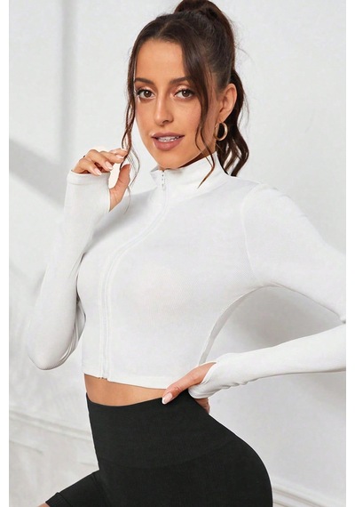 Angbutik Kadın Beyaz Uzun Kol Fermuarlı Parmak Geçme Detaylı Dik Yaka Crop Top Bluz