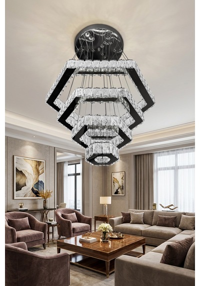 Diamond 4 Katlı Kristal Taşlı Modern Sarkıt Led Avize Çok Renkli
