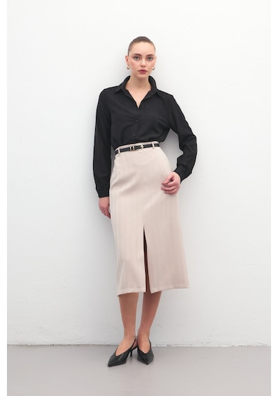Sateen Anna Yırtmaçlı Etek - Bej-137173 Bej