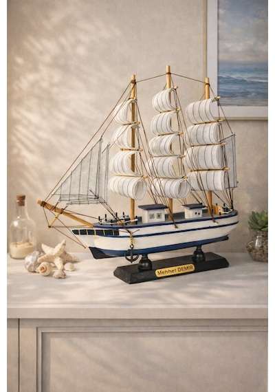 İsime Kişiye Özel Dekoratif Premium Ahşap El Yapımı Yelkenli Gemi Maketi 33x33 Cm Biblo Hediye 531-f Ahşap
