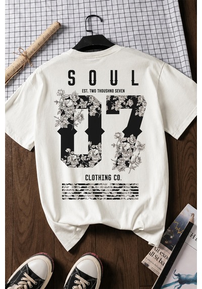 Spoyi Soul 07 Tasarımlı %100 Pamuk Yarım Oversize Beyaz T-shirt