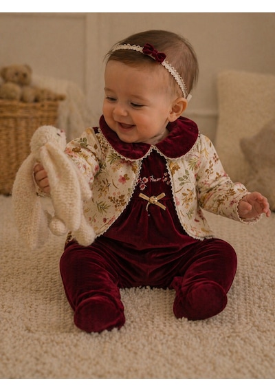 Babyhola Kadife Patikli Kız Bebek Tulum 0-12 Ay Retro Ceketli Görünümlü Hediyelik Nostaljik Bayramlık 13433 Bordo
