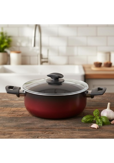 Deconox Safir 22 Cm Derin Tencere Kırmızı Siyah Yanmaz Yapışmaz Cam Kapaklı Çorba Ve Yemek Tenc