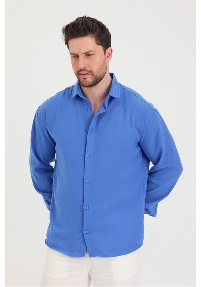 Cool Tarz Erkek Slim Fit Dar Kalıp Uzun Kol Pamuklu Keten Efekt Gömlek Saks Mavi Saks Mavi