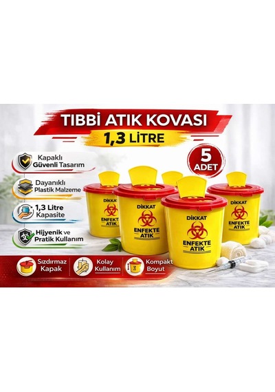Tıbbi Atık Kovası 1,3 Litre 5 Adet Kapaklı Tıbbi Atık Kutusu Enfekte Atık Kovası Seti Belirtilmemiş