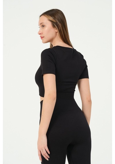 Kadın V Yaka Kısa Kollu Dikişsiz Esnek T-shirt Crop Top Siyah-l Altın - Beyaz