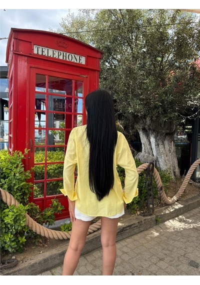 WeShaya Sarı Oversize Cepli Pamuklu Polyester Gömlek Sarı