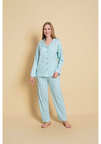 Kadın Boydan Düğmeli Küçük Yıldız Detaylı Pijama Takım A.mavi