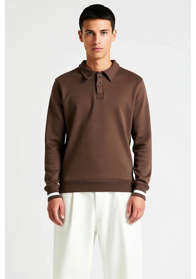 Benerly Erkek Polo Yaka Düğmeli Regular Kalıp Uzun Kollu Sweatshirt Fonks Kahverengi