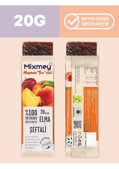 Mixmey Şeftali Meyve Barı 12 Adet | Atıştırmalıklar – Vegan, Glutensiz, Koruyucusuz 20gr X 12 Adet