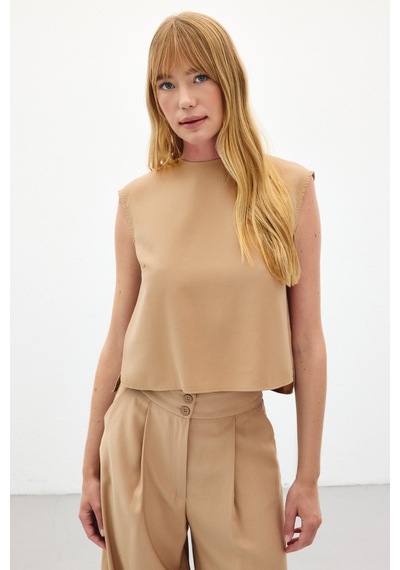 Sateen Kolsuz Salaş Bluz - Camel-136434 CAMEL