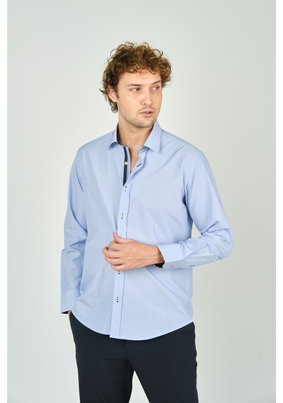 De Leone Erkek Slim Fit Uzun Kollu %100 Pamuk Gömlek 2008 Açık Mavi Açık Mavi