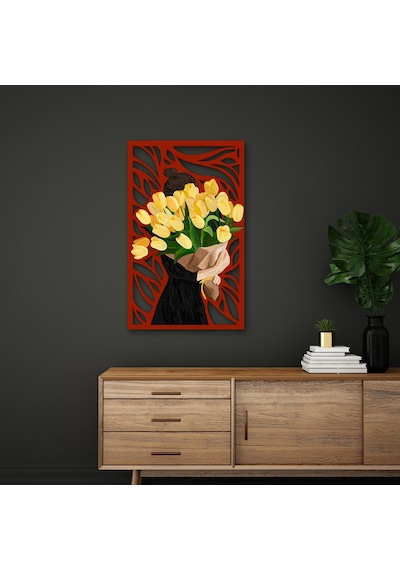 Sarı Lale Buketi Taşıyan Kadın - Metal Tablo - Dec0340 77 X 125 Cm Çok Renkli