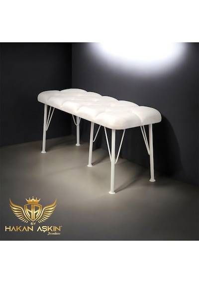 By Hakan Aşkın Beyaz Metal Ayaklı Babyface Puf & Bench Ekru Beyaz