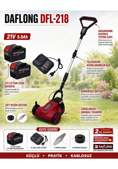 Daflong Dfl218 Kömürsüz Arabalı Şarjlı Tırpan 21v Çim Ve Ot Kesme Makinesi