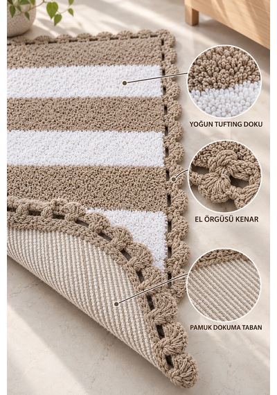 Alanur Bodrum Tufting Cotton Pamuklu El Işi Örgülü 2 Li Paspas 112 Beyaz - Kahve